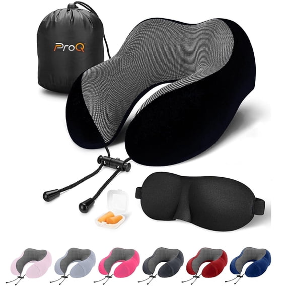 Memory Foam Travel Pillow For Neck Pain, Sleeping, Travelling With Eye Mask | Standard Size, Noise Isolating Ear Plugs Portable Combo Men & Women, Black Color | Travel Pillow - Pack Of 1