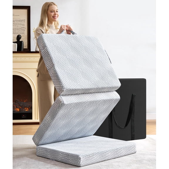Memory Foam Trifold Mattress Topper Single Size Light Gray for Travel Camping Guest Rooms