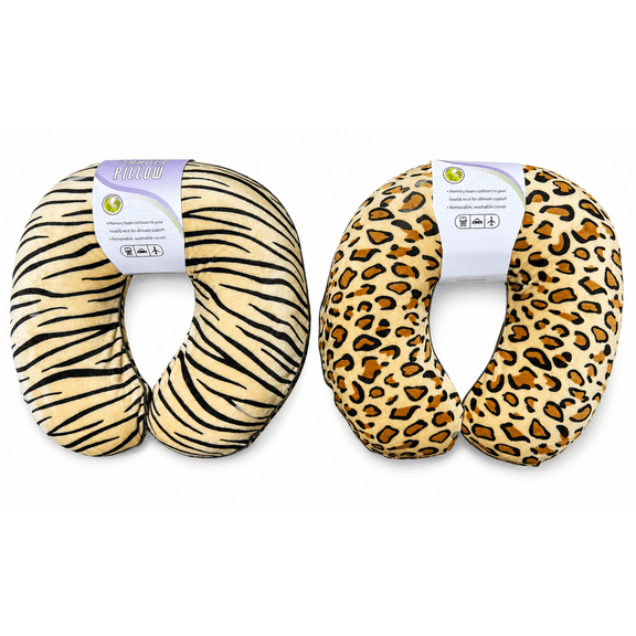 Memory Foam U-Shape Travel Pillow, Tiger and Leopard Print, 2 Pack