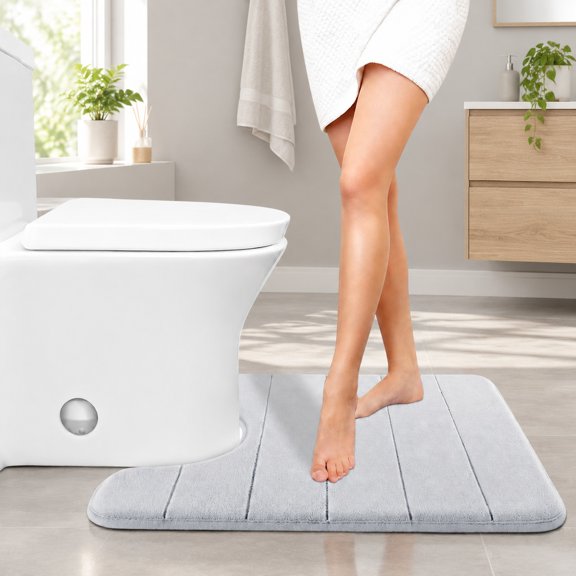 Memory Foam U-Shaped Toilet Bath Mat, Soft Thick Contour Rug, Absorbent Non-Slip Commode Pad, Machine Washable, 24 x 20 Inches, Gray