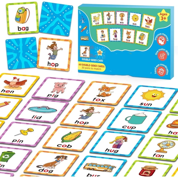 Memory Game, CVC Word Games, Phonics Games Flash Cards, Matching Game, Homeschool Learning Educational Toy