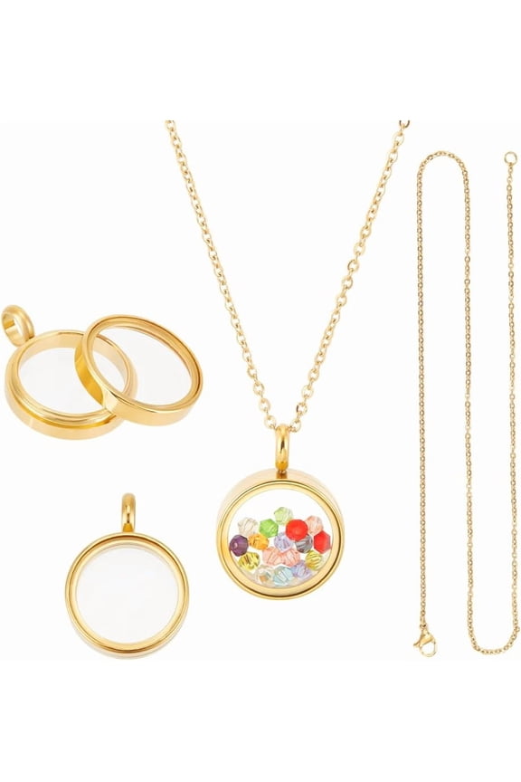 Memory Locket Pendants with Necklace Stainless Steel Floating Locket Pendants Glass Photo Frame Pendant for Christmas Jewelry Making Gold DIY