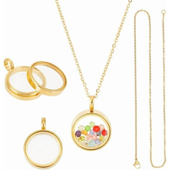 Memory Locket Pendants with Necklace Stainless Steel Floating Locket Pendants Glass Photo Frame Pendant for Christmas Jewelry Making Gold