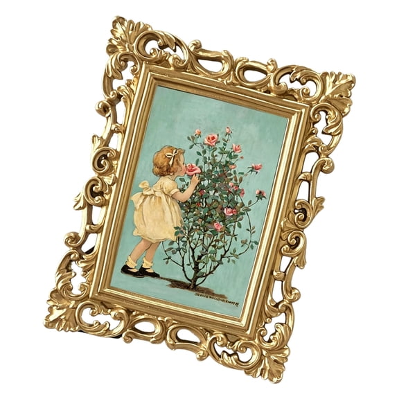 Memory Photo Display Frame 6 Inch, Ornamental Resin Scroll Border, Warm Gold Finish, Decorative Accent for Wedding Anniv