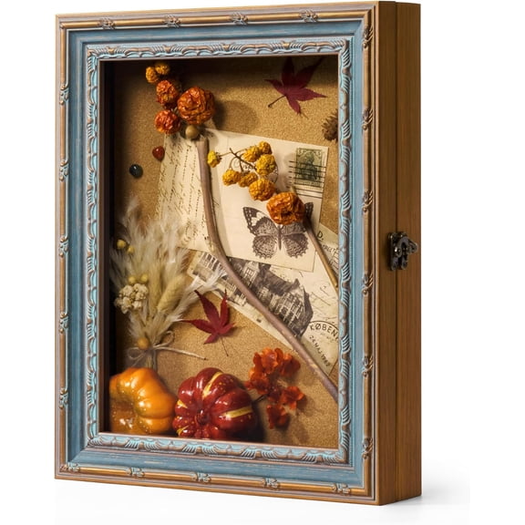 Memory Shadow Box 11x14 Display Case for Travel Sporting Events Movie Concert Ticket Drink Beer Caps Keepsake Box, DIY Framed Shadow Box Wall Art for Coastal Beach Ocean Room Decor (Blue Gold)