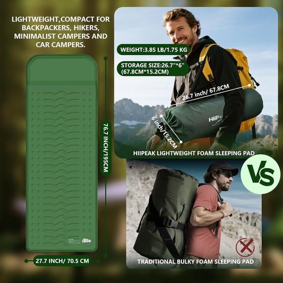 Memory Foam Sleeping Pad, 9.5 R-Value Insulated Camping Mattress Pad with Pillow, 76.7" x 27.7" for Backpacking, Hiking, Car Tent