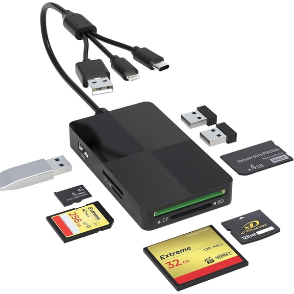 Memory Stick Duo pro Adapter - 8 in 1 SD/TF/MS/CF/XD Card Reader with Extra 3 USB Ports Supports Micro SD/SDHC/XD Picture Card USB C Lightning OTG Adapter Multi Memory Card Reader for Computer/iPhone