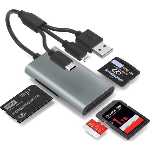 Memory Stick Pro Duo Adapter - 4 in 1 Memory Card Reader for SD/Micro SD/MS/xD-Picture-Card, SD Card Reader for iPhone 17/16/15/14/Android/PC with Lightning/USB-C/USB-A Port Digital Camera Adapter