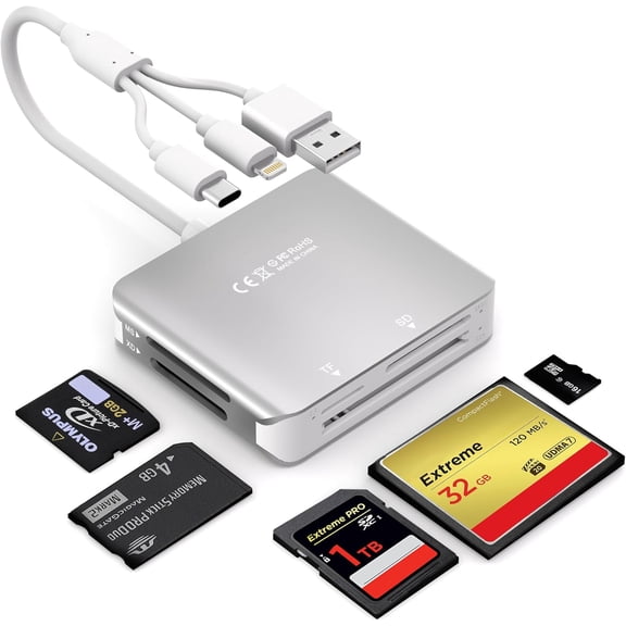 Memory Stick Pro Duo Adapter Reader, 5 in 1 SD/MS/TF/CF/XD Card Reader with Lightning+USB A+USB C, Multi Memory Card Reader Support OTG, Fast Data Transfer, Memory Stick Reader for i-Phone/Android/PC