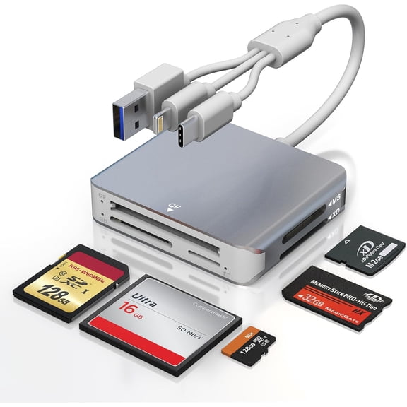 Memory Stick Pro Duo Adapter for iPhone - 5 in 1 SD/TF/MS/CF/XD Card Reader for PC/Android/Lightning Device, Aluminum Multi Memory Card Reader USB C Lightning OTG Compact Flash Card Reader