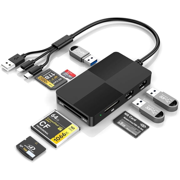 Memory Stick Pro Duo Card Reader, 8-in-1 Memory Card Reader for SD/TF/MS/CF/XD Cards, with 3 USB 2.0 Ports, iPhone/USB-C/USB-A Adapter for Phone, Tablet, Laptop and Computer