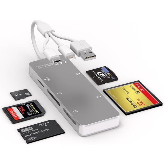 Memory Stick Pro Duo adapter, 5-in-1 aluminum alloy SD/TF/CF/MS/XD card reader with Lightning/USB-C/USB A ports, high-speed Memory Stick Pro adapter suitable for iPhone/iPad/Android/PC/Mac cameras