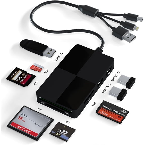 Memory Stick pro Duo Adapter Reader - 8 in 1 SD/TF/MS/CF/XD Card Reader with 3 USB 2.0 Ports for iPhone/Computer/USB-C Device, Built-in 3-in-1 Connector (Lightning, USB-C and USB-A), Plug & Play