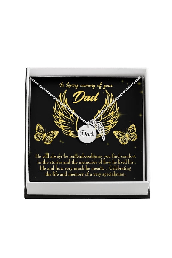Memory of a Special Man Remembrance Necklace for Dad Angel Wing Charm Stainless Steel or 18k Gold Finish