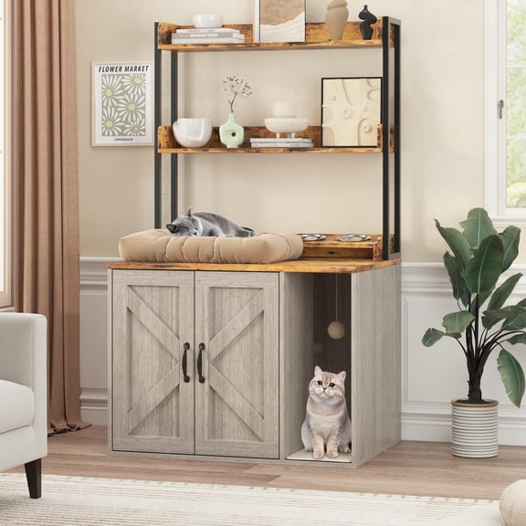 MemoryFie Tall Cat Litter Box Enclosure with 2 Storage Shelves – Hidden Wooden Cat House Furniture – Built-in Power Outlets, Side Entry – Indoor Cat Washroom Cabinet – Light Grey + Sunset Cloud