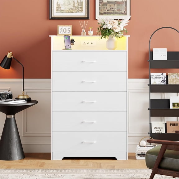 MemoryField 5 Drawer Dresser for Bedroom - 51” Tall Vertical Chest of Drawers with LED Light and Charging Station, for Living Room, Entryway, Hallway, White