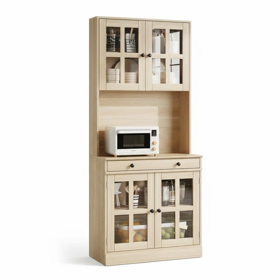 MemoryField Farmhouse 72'' Tall Kitchen Pantry Cabinet with Glass Doors and Drawer – Adjustable Shelves, Open Countertop, Coffee Bar Storage for Dining Room, Natural Wood Color