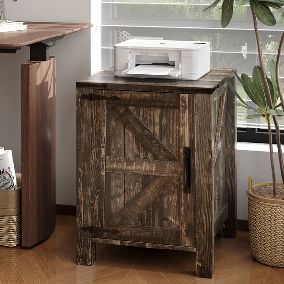 MemoryField Farmhouse Bedside Cabinet with USB Charging Station – 18'' Large Wooden Bedside Table, Sliding Barn Door, Adjustable Shelf, Two-Tier Storage – Dark Oak