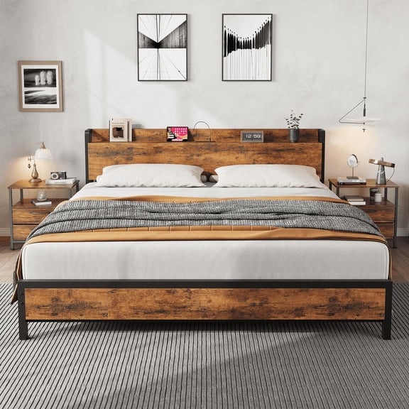 MemoryField King Size Bed Frame with Storage Headboard and Charging Station - Heavy Duty Metal Platform with Wooden Accents,No Box Spring Needed, Easy to Assemble