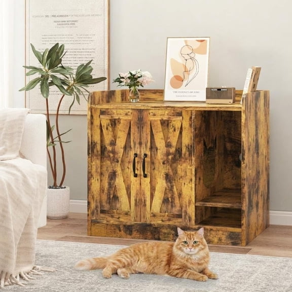 MemoryField Large Wooden Cat Litter Box Enclosure with Divider - Modern Hidden Cat Washroom Furniture, Double Litter Box Cabinet with Storage Bench & Side Table for Indoor Cats - Fiery Clouds
