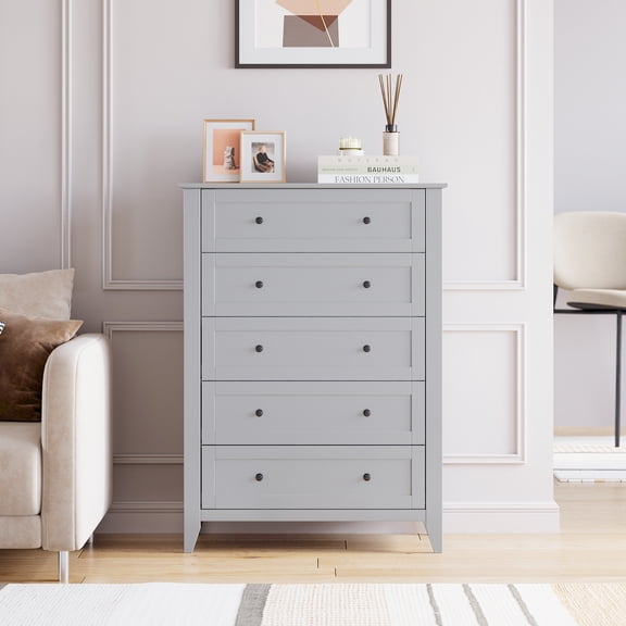 MemoryField Modern 5 Drawer Dresser - 42.5''Tall Wooden Chest with Deep Storage Drawers - Gray