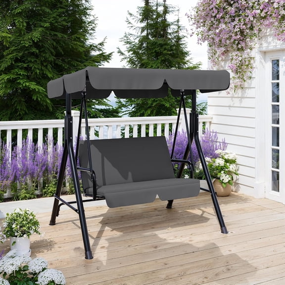 MemoryField Outdoor Porch Swing with Adjustable Canopy, 3-Seat Patio Swing Chair with Stand, Metal Frame Patio Swing for Garden, Backyard & Poolside, Dark Gray