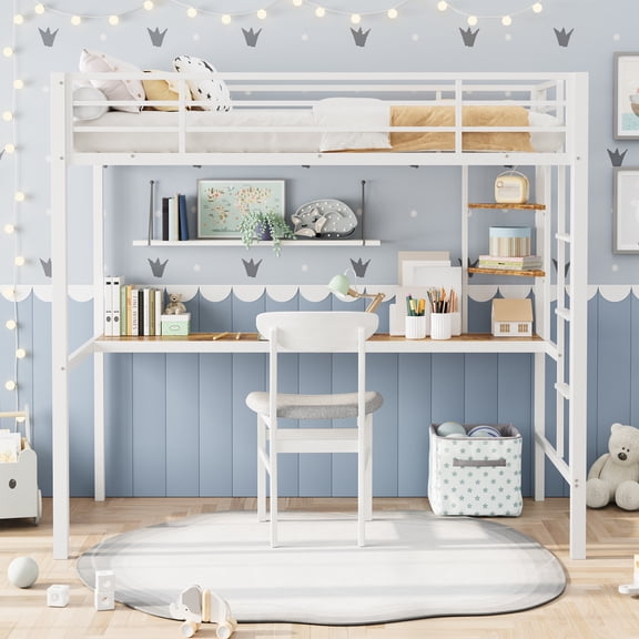 MemoryField Sturdy Metal Loft Bed with Large Desk & Storage Shelves – Steel Frame, Guardrail & Ladder – Twin Size, No Box Spring Needed – White Tube + Vintage Tabletop