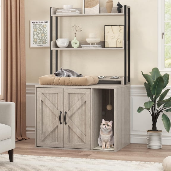 MemoryField Tall Cat Litter Box Enclosure with Power Outlet – Hidden Wooden Cat House Furniture – 2 Storage Shelves – Modern Indoor Cat Washroom Cabinet – Light Gray