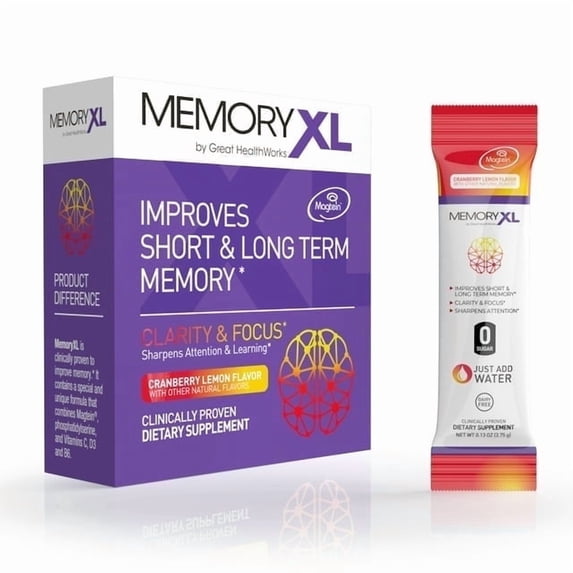 MemoryXL, Magnesium L-Threonate: Brain Supplement for Memory & Focus; MagteinĀ®, Phosphatidylserine, Vitamin Mix. Improves Memory Focus Attention Learning & Logic. 0 Sugar, 0 cal, 30pk Cranberry Lemon