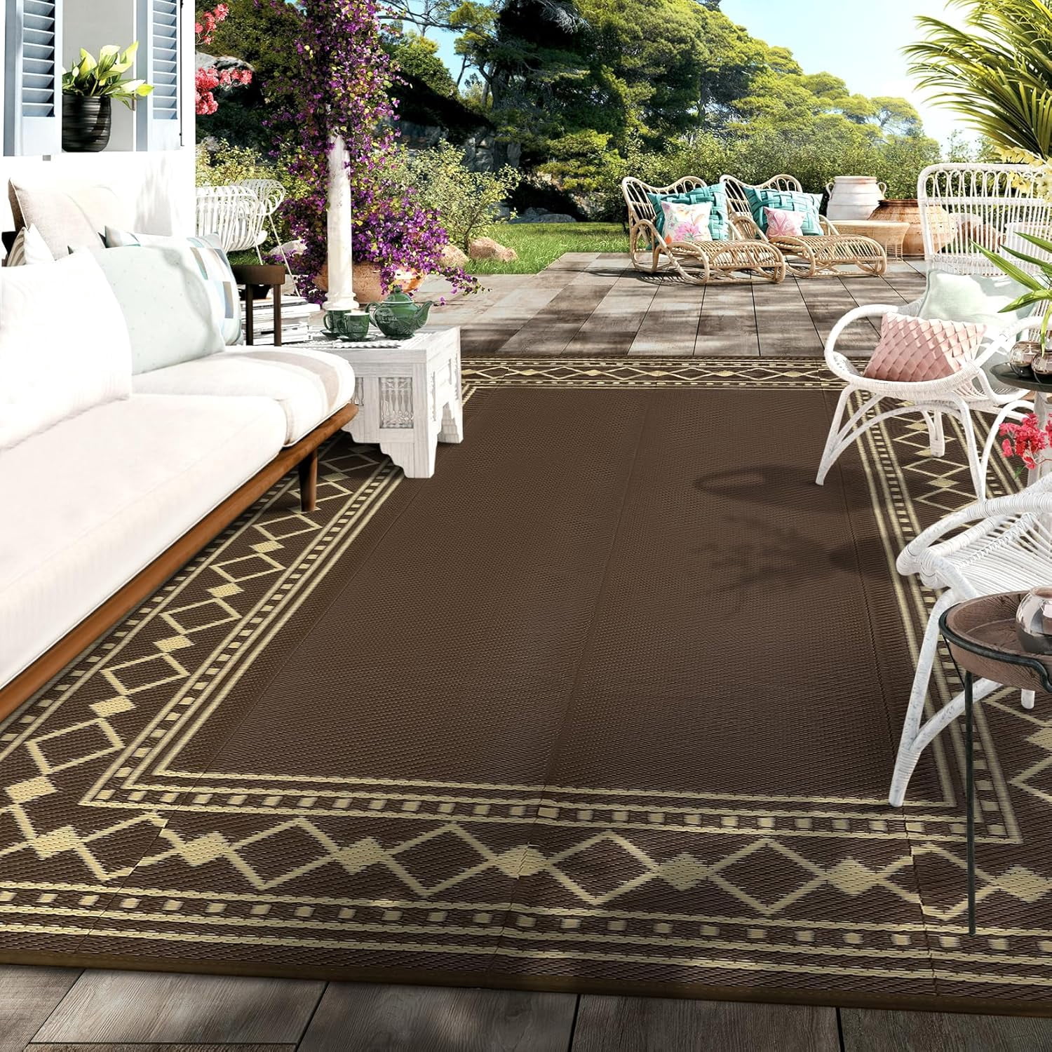 Memoryfield 10' x 20' Outdoor Rug Waterproof, Reversible Plastic Straw Patio Mat, Portable Rug for Deck, RV, Camping & Balcony, Brown/Coffee