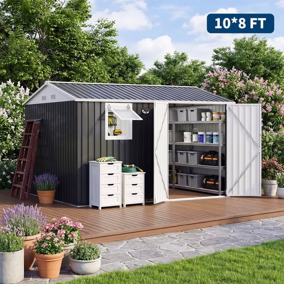 Memoryfield 10 x 8 FT Metal Garden Storage Shed, Outdoor Shed with Pushable Window, LED Light, Pegboard, Sloped Roof, Air Vent, Black