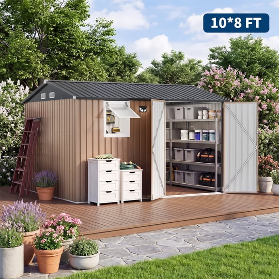 Memoryfield 10 x 8 FT Metal Garden Storage Shed, Outdoor Shed with Pushable Window, LED Light, Pegboard, Sloped Roof, Air Vent, Brown