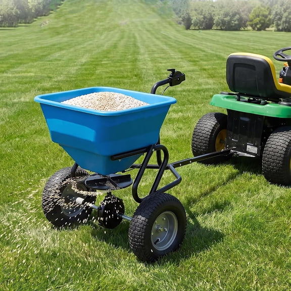 Memoryfield 100 Lbs Tow-Behind Broadcast Spreader, Carbon Steel Seed Spreader with Adjustable Flow Control, 10 Ft Spread Width, Blue