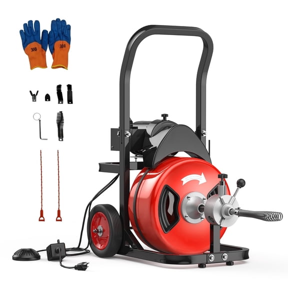 Memoryfield 100FT 1/2 Inch Auto Feed Drain Cleaning Machine, Portable Electric Drain Auger with 6 Cutters & Air-Activated Foot Switch, Sewer Snake for 1–4 Inch Pipes, Red