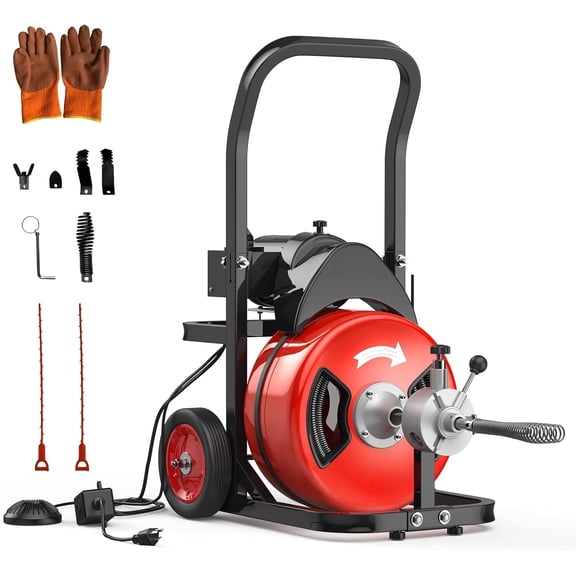 Memoryfield 100FT 3/4 Inch Drain Cleaning Machine, Electric Sewer Snake with Auto Feed, 6 Cutters, Air-Activated Foot Switch, Portable Drain Auger for 4–8 Inch Pipes