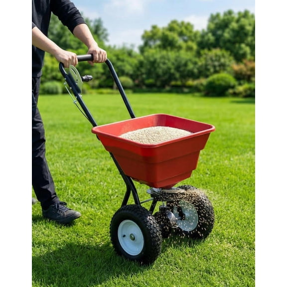 Memoryfield 100LB Broadcast Spreader 12FT Wide, 13" All-Terrain Wheels, Walk Behind Lawn Spreader for Lawn Fertilizer/Seed/Salt, Red