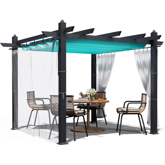 Memoryfield 10x10 ft Outdoor Pergola with Canopy & Side Mesh Screen, Aluminum Frame Patio Pavilion for Backyard, Porch & Garden, Blue