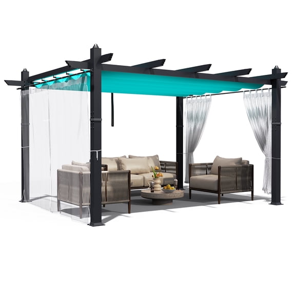 Memoryfield 10x13 ft Outdoor Pergola with Canopy & Side Mesh Screen, Aluminum Frame Patio Pavilion for Backyard, Porch & Garden, Blue