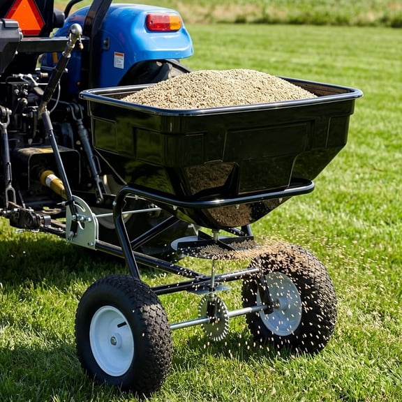 Memoryfield 125lb Tow Broadcast Spreader, Auto-Stop Dual Impeller, 30 Settings, for ATV/UTV Mower Fert/Seed, Black