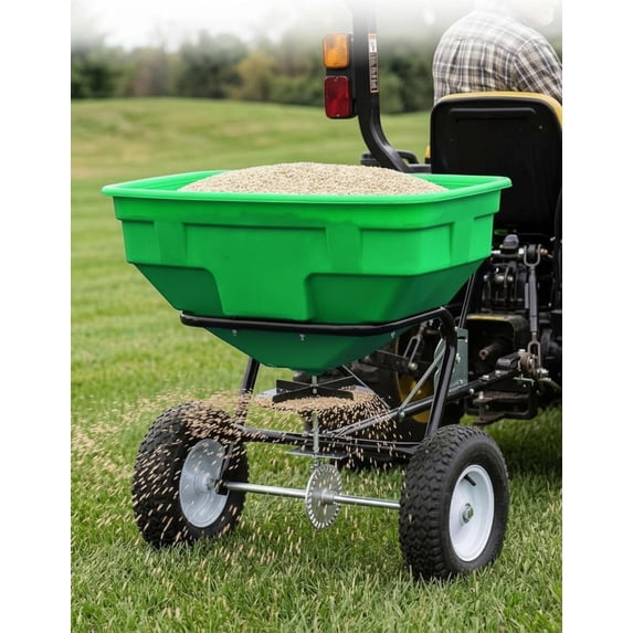 Memoryfield 125lb Tow Broadcast Spreader, Auto-Stop Dual Impeller, 30 Settings, for ATV/UTV Mower Fert/Seed, Green