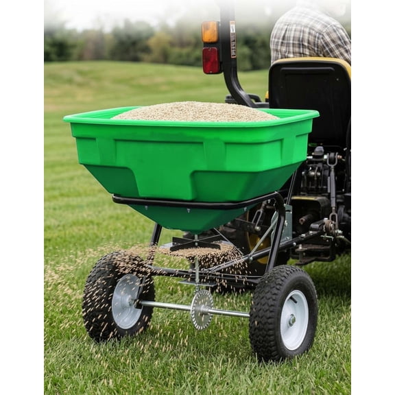 Memoryfield 125lb Tow Broadcast Spreader, Auto-Stop Dual Impeller, 30 Settings, for ATV/UTV Mower Fert/Seed, Green