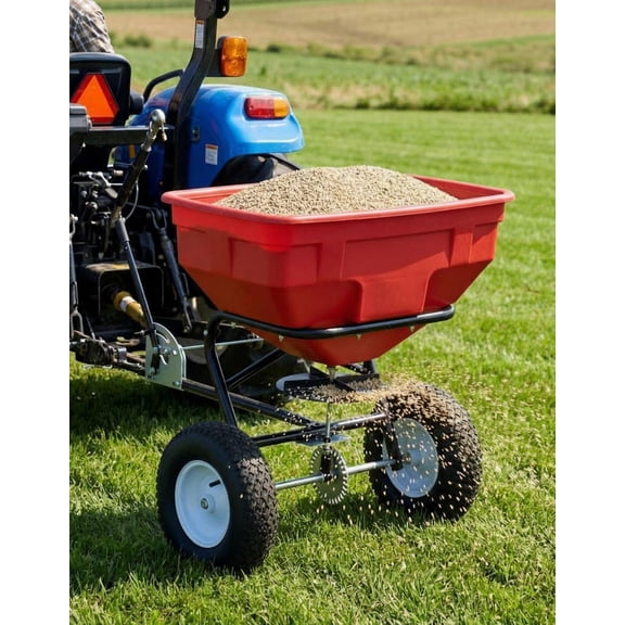 Memoryfield 125lb Tow Broadcast Spreader, Auto-Stop Dual Impeller, 30 Settings, for ATV/UTV Mower Fert/Seed, Red