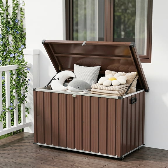 Memoryfield 150 Gallon Metal Deck Box, Waterproof Patio Storage Container w/ Wheels, Patio Storage Bin for Deck Porch Pool, Brown