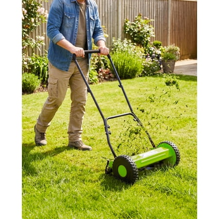 Memoryfield 16" Reel Lawn Mower, 5-Blade Push Mower with Adjustable Height, Lightweight, for Small to Medium Yards, Green