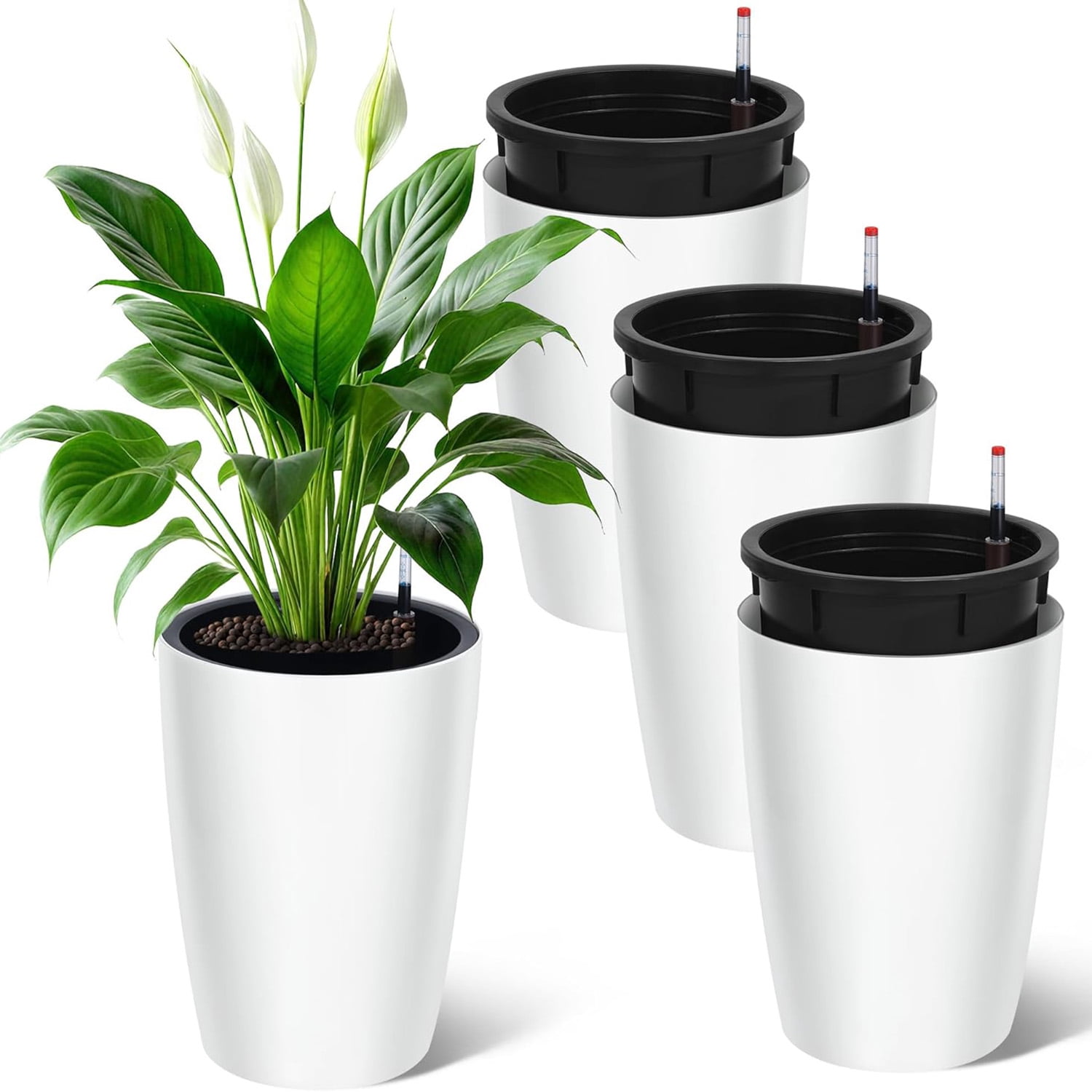 Memoryfield 16" Self-Watering Planter Set of 4 with Drainage & Water Level Indicator, Indoor Outdoor Plant Pots for Patio, Garden, Balcony, White