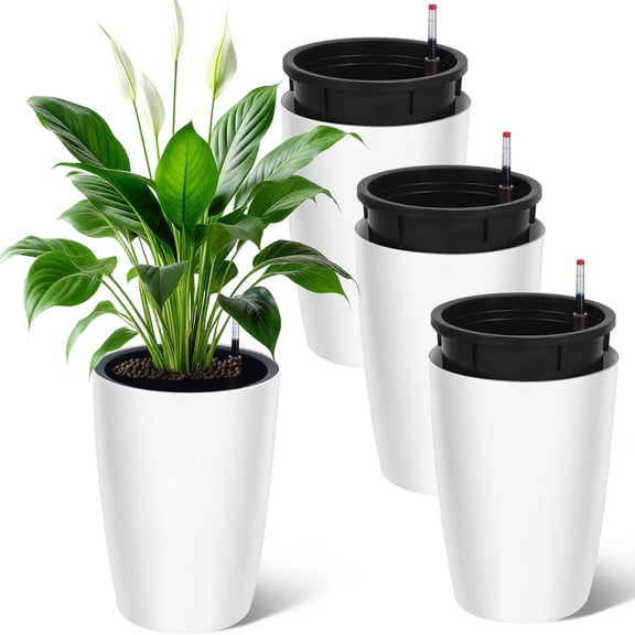 Memoryfield 16" Self-Watering Planter Set of 4 with Drainage & Water Level Indicator, Indoor Outdoor Plant Pots for Patio, Garden, Balcony, White