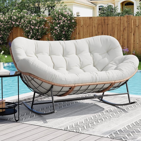 Memoryfield 2 Person Outdoor Rocking Chair, Double Papasan Chair with Cushion, Patio Loveseat, 800 LBS Capacity, Beige