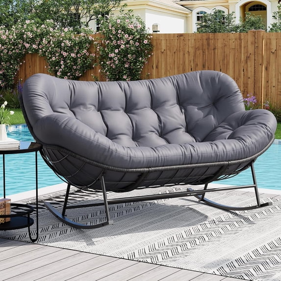 Memoryfield 2 Person Outdoor Rocking Chair, Double Papasan Chair with Cushion, Patio Loveseat, 800 LBS Capacity, Gray