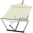 thumbnail image 1 of Memoryfield 2 Person Portable Double Hammock with Pillow and Adjustable Steel Stand, Outdoor Hammock for Patio, Garden, Beach, Backyard, Beige, 1 of 6