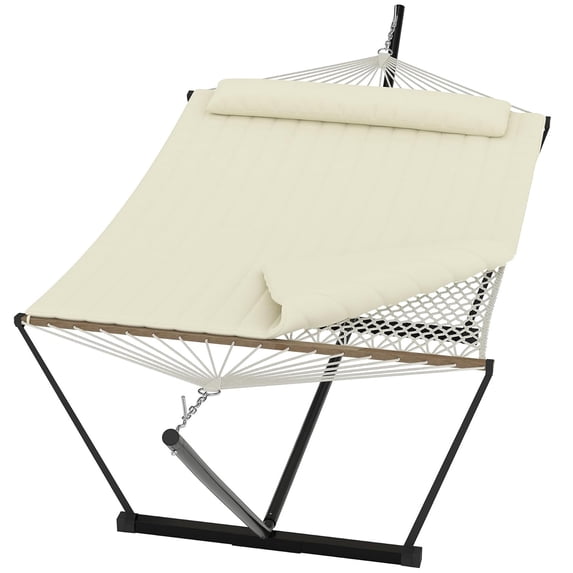 Memoryfield 2 Person Portable Double Hammock with Pillow and Adjustable Steel Stand, Outdoor Hammock for Patio, Garden, Beach, Backyard, Beige